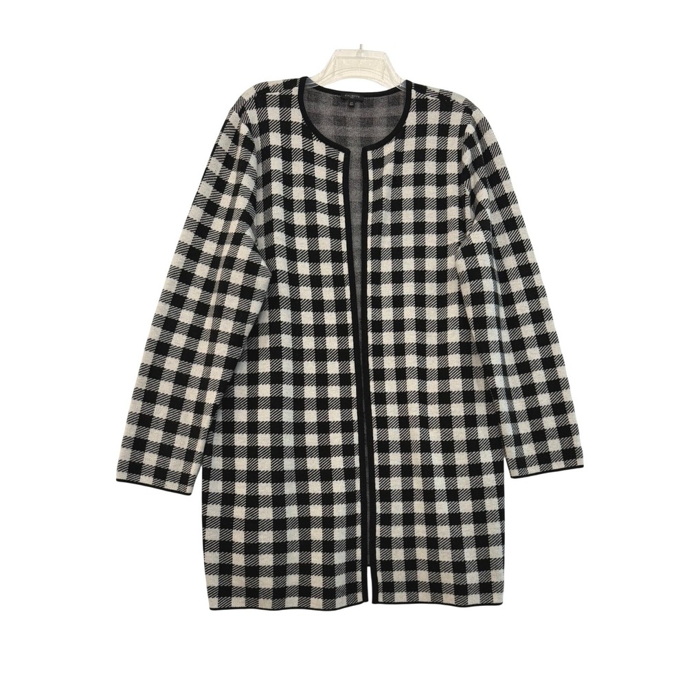 Talbots Plus 2X Buffalo Check‎ Longline Cardigan Black White Wool Blend Sweater